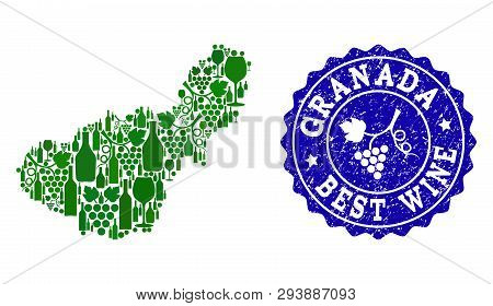 Vector Collage Of Grape Wine Map Of Granada Spanish Province And Blue Grunge Seal Stamp For Best Win