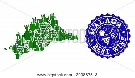 Vector Collage Of Grape Wine Map Of Malaga Spanish Province And Blue Grunge Seal For Best Wine Award