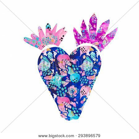 Hand Painted Decorative Cactus In Fantasy Style Spots, Smears, . Set Of Flowering Plants, Cactus Blu