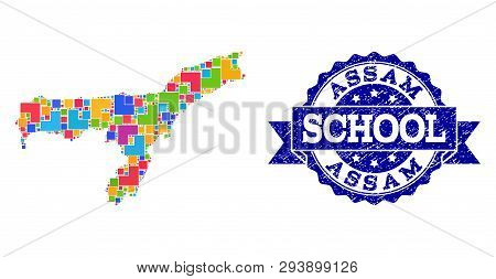 Mosaic Puzzle Map Of Assam State And Grunge School Seal Stamp With Ribbon. Vector Map Of Assam State