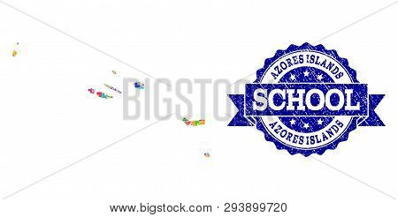 Mosaic Puzzle Map Of Azores Islands And Rubber School Seal With Ribbon. Vector Map Of Azores Islands
