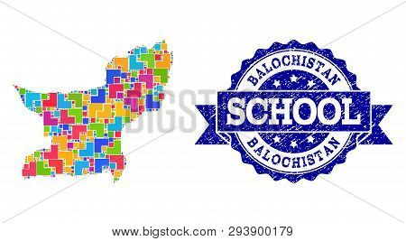 Mosaic Puzzle Map Of Balochistan Province And Grunge School Stamp With Ribbon. Vector Map Of Balochi