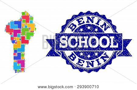 Mosaic Puzzle Map Of Benin And Rubber School Seal With Ribbon. Vector Map Of Benin Designed With Col