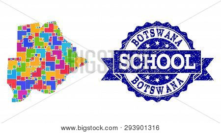 Mosaic Puzzle Map Of Botswana And Rubber School Stamp With Ribbon. Vector Map Of Botswana Constructe