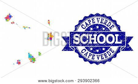 Mosaic Puzzle Map Of Cape Verde Islands And Unclean School Seal Stamp With Ribbon. Vector Map Of Cap