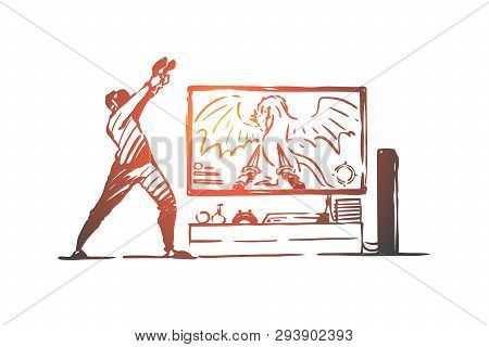 Virtual, Reality, Glasses, Device, Headset Concept. Hand Drawn Man Having Fun In Headset Glasses Con