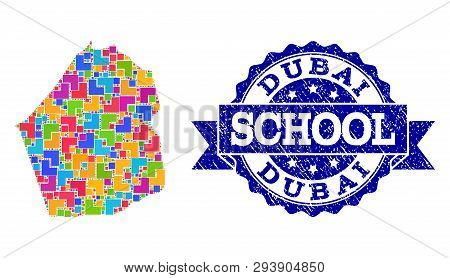 Mosaic Puzzle Map Of Dubai Emirate And Rubber School Stamp With Ribbon. Vector Map Of Dubai Emirate 