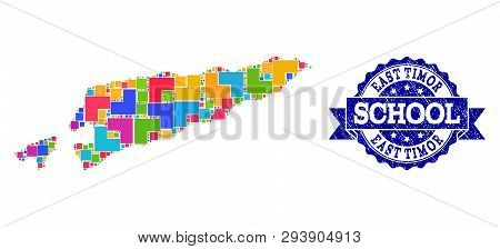 Mosaic Puzzle Map Of East Timor And Unclean School Seal With Ribbon. Vector Map Of East Timor Design