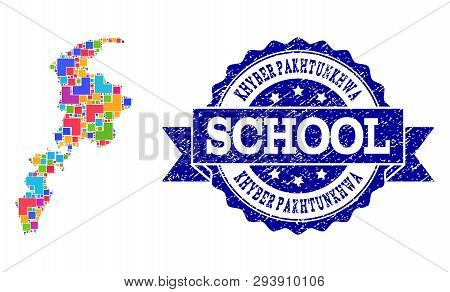 Mosaic Puzzle Map Of Khyber Pakhtunkhwa Province And Rubber School Seal With Ribbon. Vector Map Of K