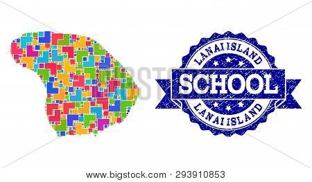 Mosaic Puzzle Map Of Lanai Island And Textured School Stamp With Ribbon. Vector Map Of Lanai Island 