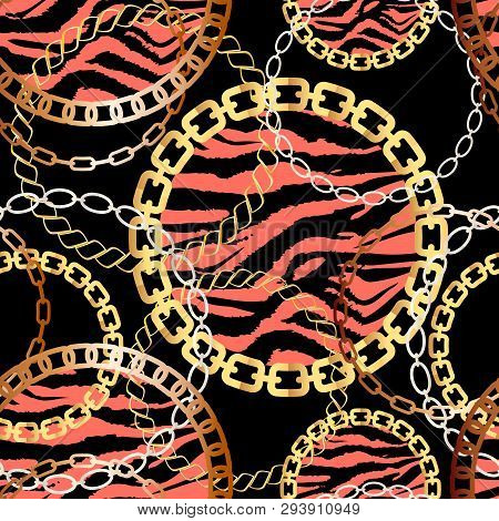 Fashion Seamless Pattern With Golden Chains And Tiger Print. Fabric Design Background With Chain, Me
