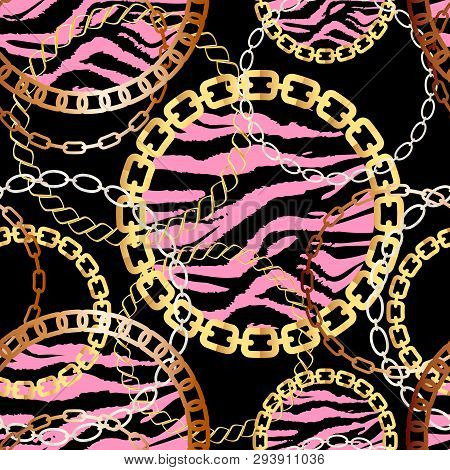 Fashion Seamless Pattern With Golden Chains And Tiger Print. Fabric Design Background With Chain, Me