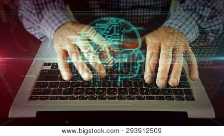 Man Typing On Laptop Keyboard With Ai Cyber Head On Hologram Screen. Artificial Inteligence, Machine