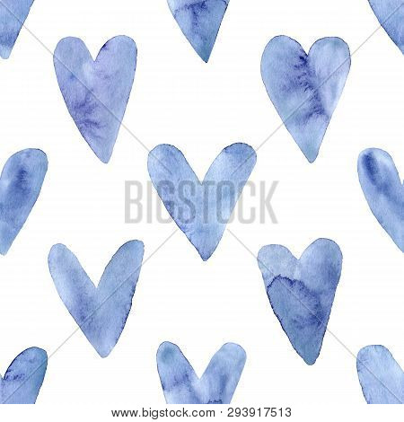 Seamless Pattern With Hand Painted Indigo Blue Watercolor Hearts. Valentines Day, Aquarelle Illustra