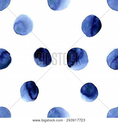 Hand Drawn Seamless Pattern With Indigo Blue Watercolor Simple Polka Dots. Isolated On White Backgro