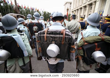 Bucharest, Romania - April 7, 2019: Wwi Reenactors Take Part At Military Ceremony.