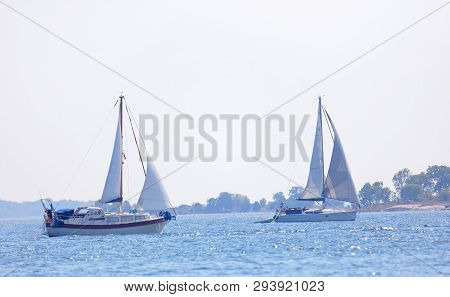Soderarm, Sweden - Jul 18, 2018: Two Sailship On The Blue Ocean In The Swedish Archipelago, Islets I