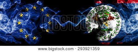 European Union Vs Belize, Belizean Smoke Flags Placed Side By Side. Thick Colored Silky Smoke Flags 