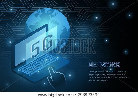 5g Wifi Technology And Laptop Global Earth Geometry Cross Frame Line Vector Futuristic Illustration 