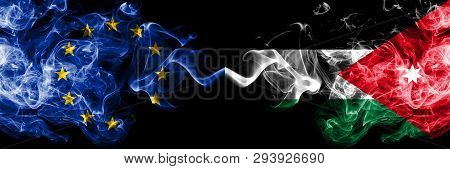 European Union Vs Jordan, Jordanian Smoke Flags Placed Side By Side. Thick Colored Silky Smoke Flags