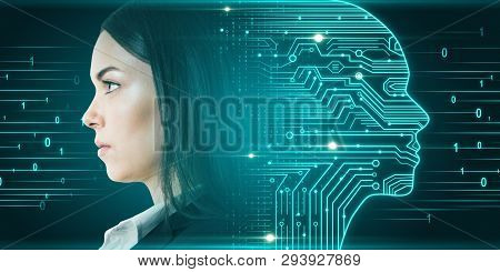Side Portrait Of Attractive Young European Businesswoman With Digital Head Outline, Circuit And Bina