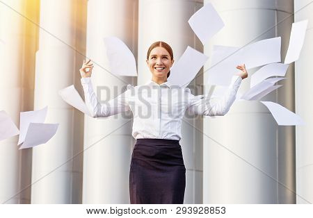 Celebrating Success. Portrait Of Young And Beautiful Business Woman In Skirt And Shirt Throwing Up P