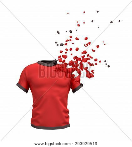 3d Rendering Of Red T-shirt Starting To Disslove Into Pieces Isolated On White Background.
