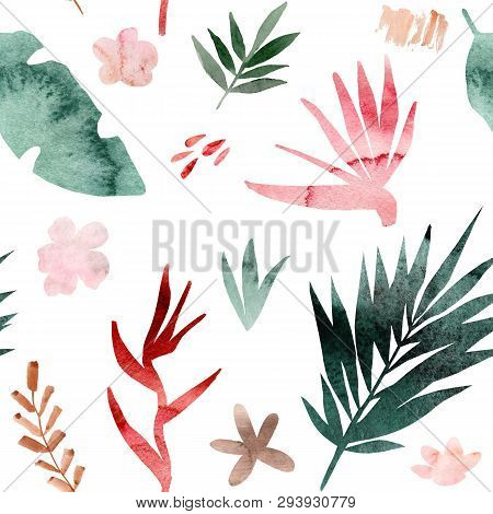 Watercolor Seamless Pattern Of Tropical Flowers And Leaves. Tropic Summer Print For Fabric Textile, 