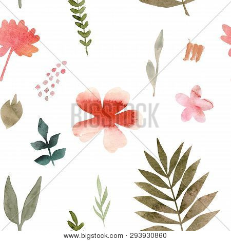 Watercolor Seamless Pattern Of Tropical Flowers And Leaves. Tropic Summer Print For Fabric Textile, 