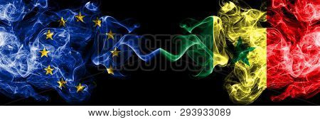 European Union Vs Senegal, Senegalese Smoke Flags Placed Side By Side. Thick Colored Silky Smoke Fla