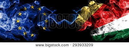 European Union Vs Seychelles, Seychelloise Smoke Flags Placed Side By Side. Thick Colored Silky Smok