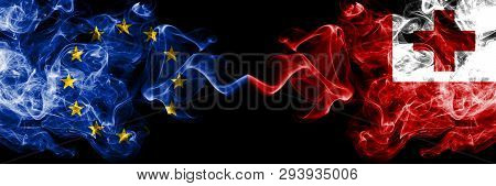 European Union Vs Tonga, Tongan Smoke Flags Placed Side By Side. Thick Colored Silky Smoke Flags Of 