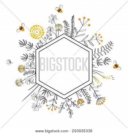 Frame With Honey Flowers And Bees. Cartoon Vector Illustration
