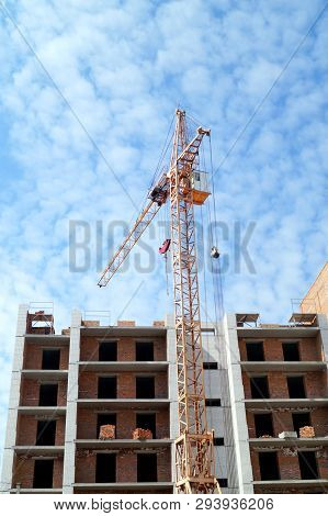 Facade Of New Multi-apartment High-rise  Building. Construction Of New Modern Multi-apartment Reside