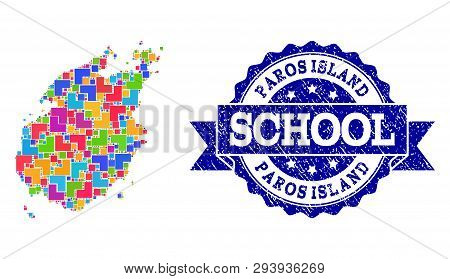 Mosaic Puzzle Map Of Paros Island And Dirty School Seal With Ribbon. Vector Map Of Paros Island Cons