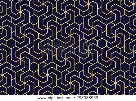 Abstract Geometric Pattern. A Seamless Vector Background. Dark Blue And Gold Ornament. Graphic Moder