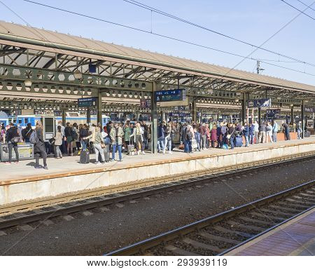 Prague, Czech Republic, March 23, 2019: Crowd Of People At The Train Platform Are Waiting For The Tr