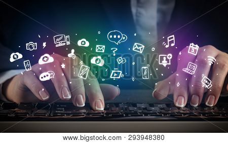 Blogger woman typing on keyboard with drawn application icons around