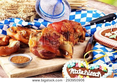 Traditional German Cuisine, Schweinshaxe Roasted Ham Hock And Pretzels