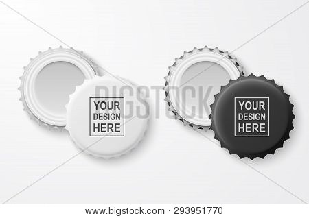 Vector 3d Realistic Black And White Blank Beer Bottle Cap Set Closeup Isolated On White Background. 