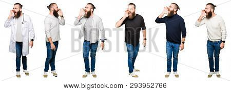 Collage of young man with bun over white isolated background shouting and screaming loud to side with hand on mouth. Communication concept.