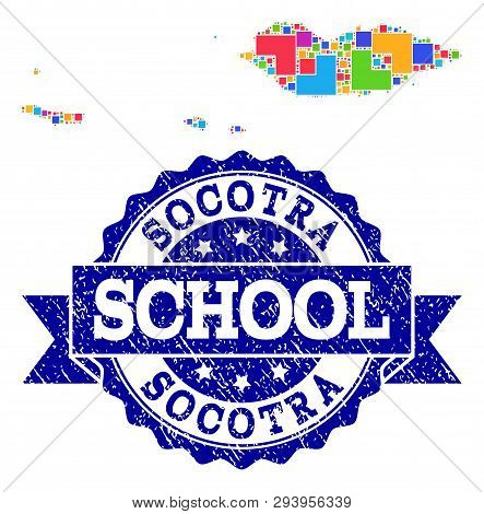 Mosaic Puzzle Map Of Socotra Archipelago And Scratched School Seal With Ribbon. Vector Map Of Socotr