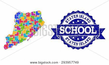 Mosaic Puzzle Map Of Staten Island And Corroded School Seal Stamp With Ribbon. Vector Map Of Staten 
