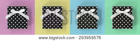 Gift Boxes On A Pastel Multicolor Square Background, Banner