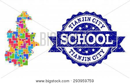 Mosaic Puzzle Map Of Tianjin Municipality And Unclean School Seal With Ribbon. Vector Map Of Tianjin