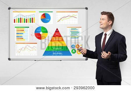 Handsome businessman presenting health reports on white board with laser pointer 