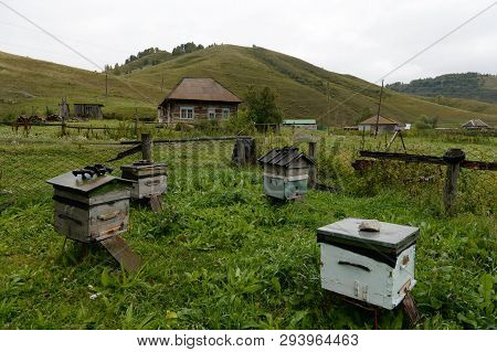 Altai Region, Russia - September 4, 2018: Bee Hives Near The House In The Mountain Village Of Genera