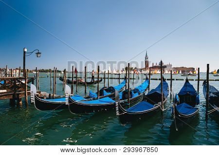 Venice, Italy - September, 9 2018: Gondolas Station At Traghetto Molo Near To The San Marco Square W