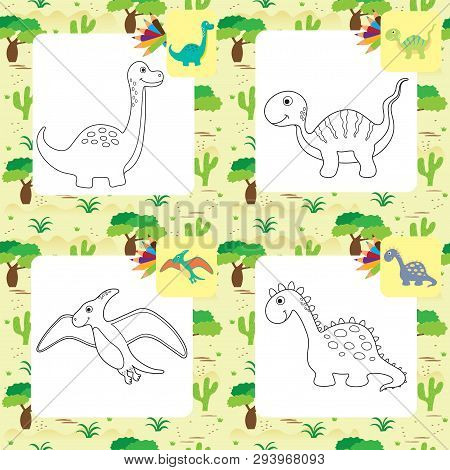 Funny Cartoon Dinosaurs Collection. Coloring Book. Vector Illustration