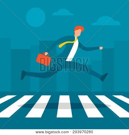 Businessman Walking Crosswalk In Bisuness Town. Man In Suit Running To Office Crossing Street Illust